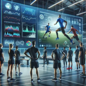 An image showcasing a diverse group of athletes from various sports analysing performance data on a large touchscreen display